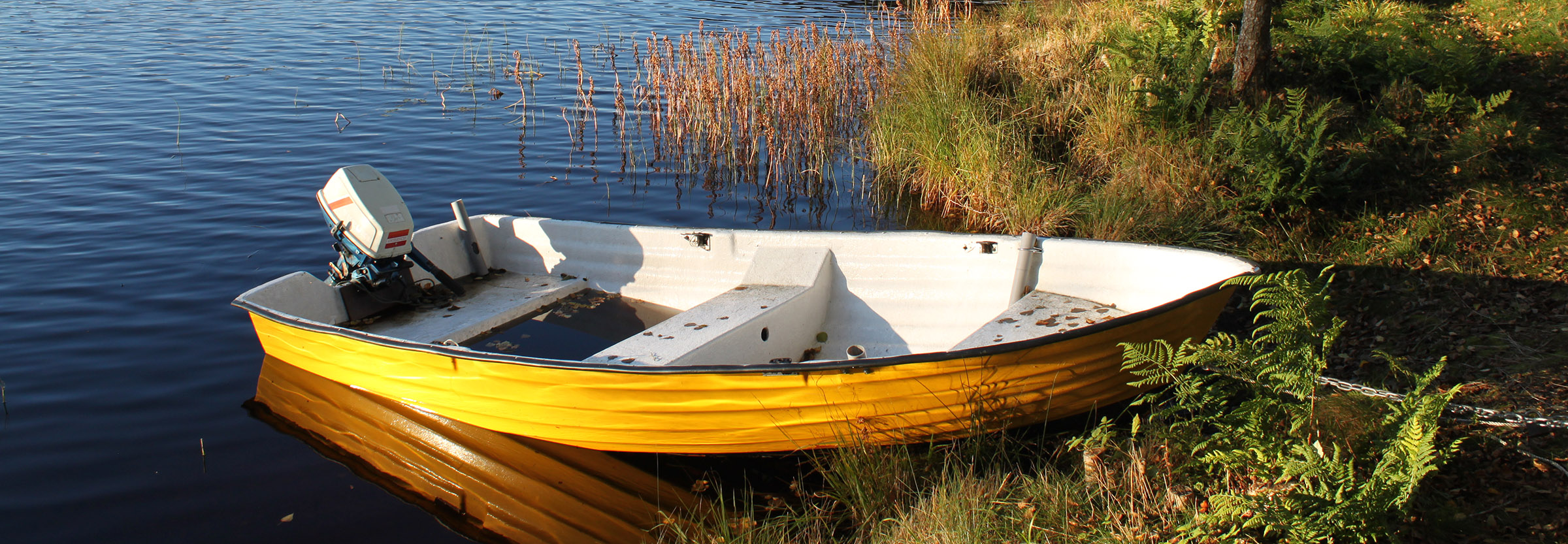 Gul motorbåt vid vatten