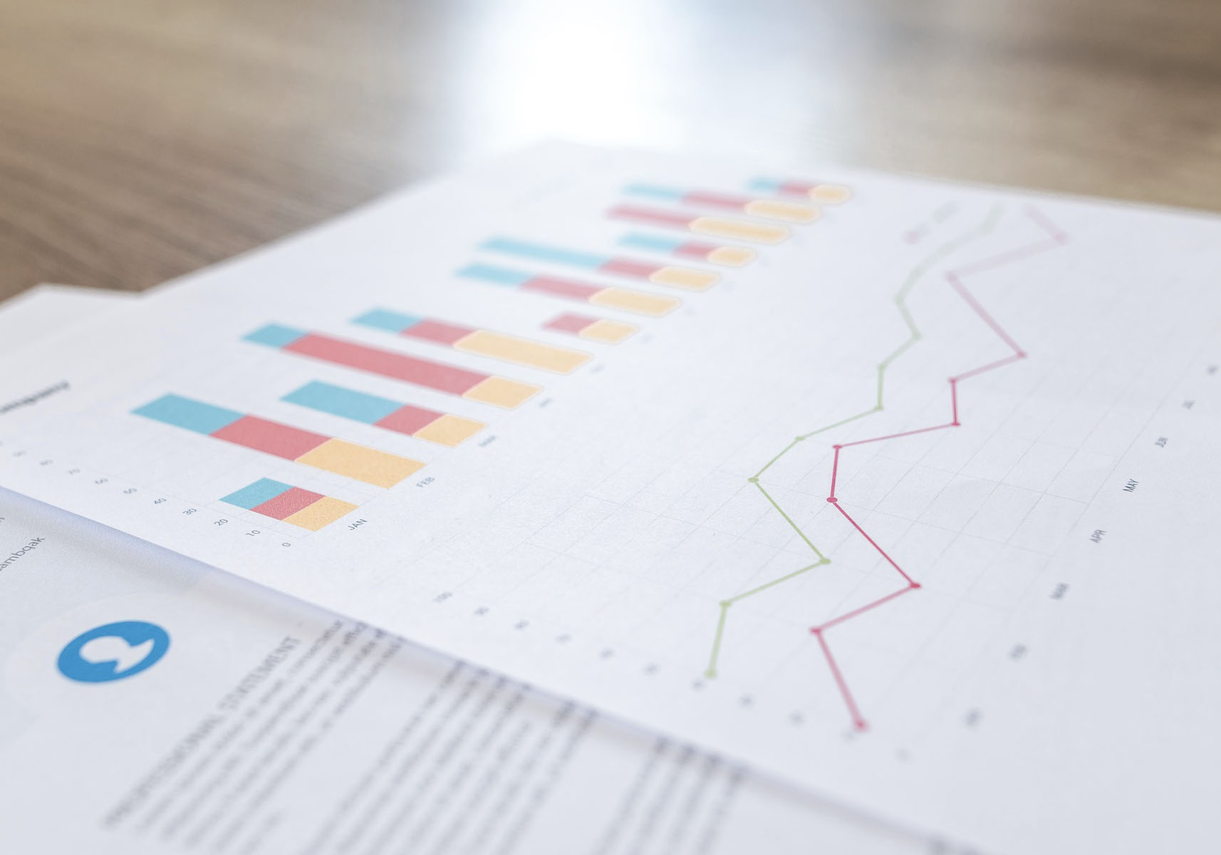 Papper med grafer och stapeldiagram